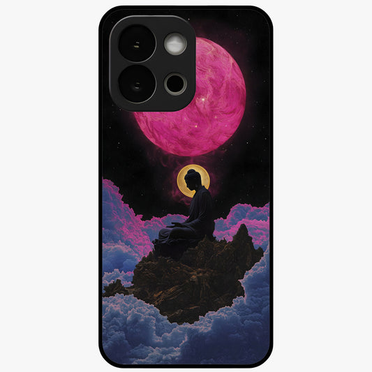 Buddha and Planets Glass Case for 1+13S serene front view featuring Buddha artwork with cosmic planetary background