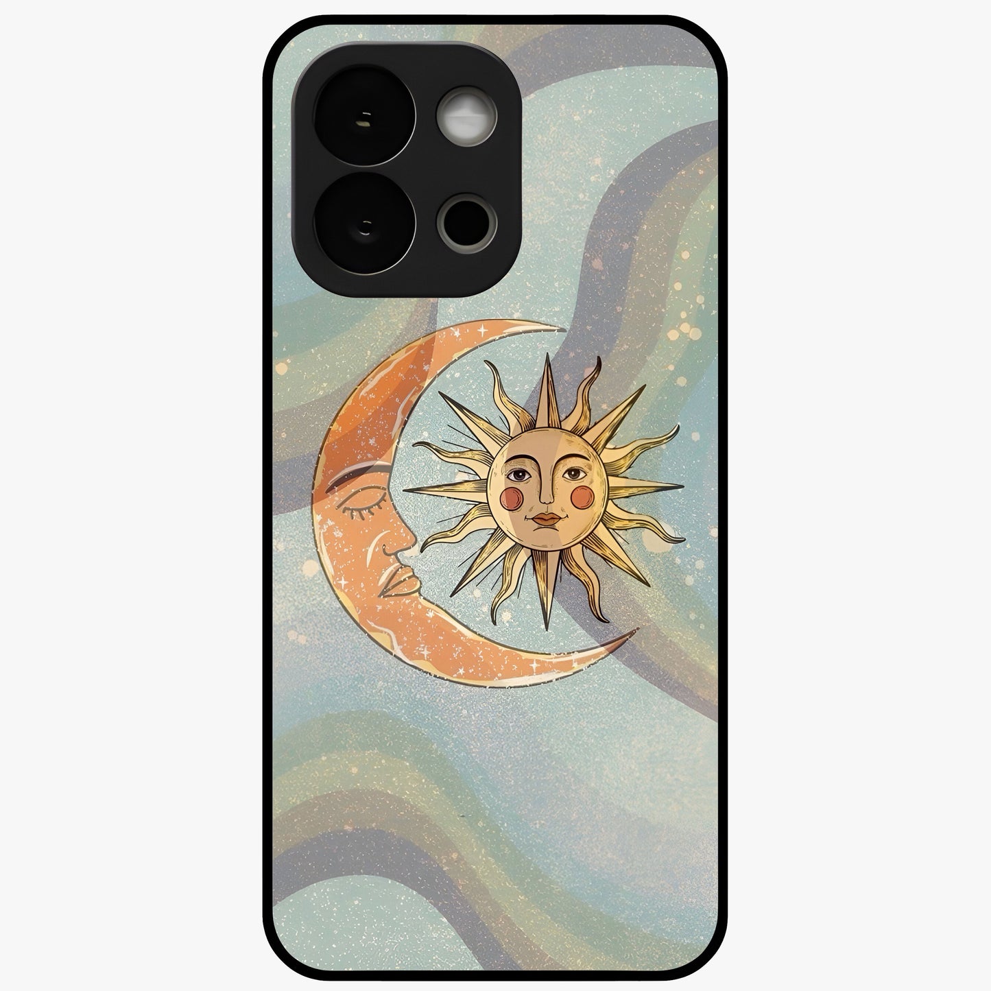 Celestial Harmony Vibes Glass Case for 1+13S serene front view featuring balanced cosmic artwork with calming tones