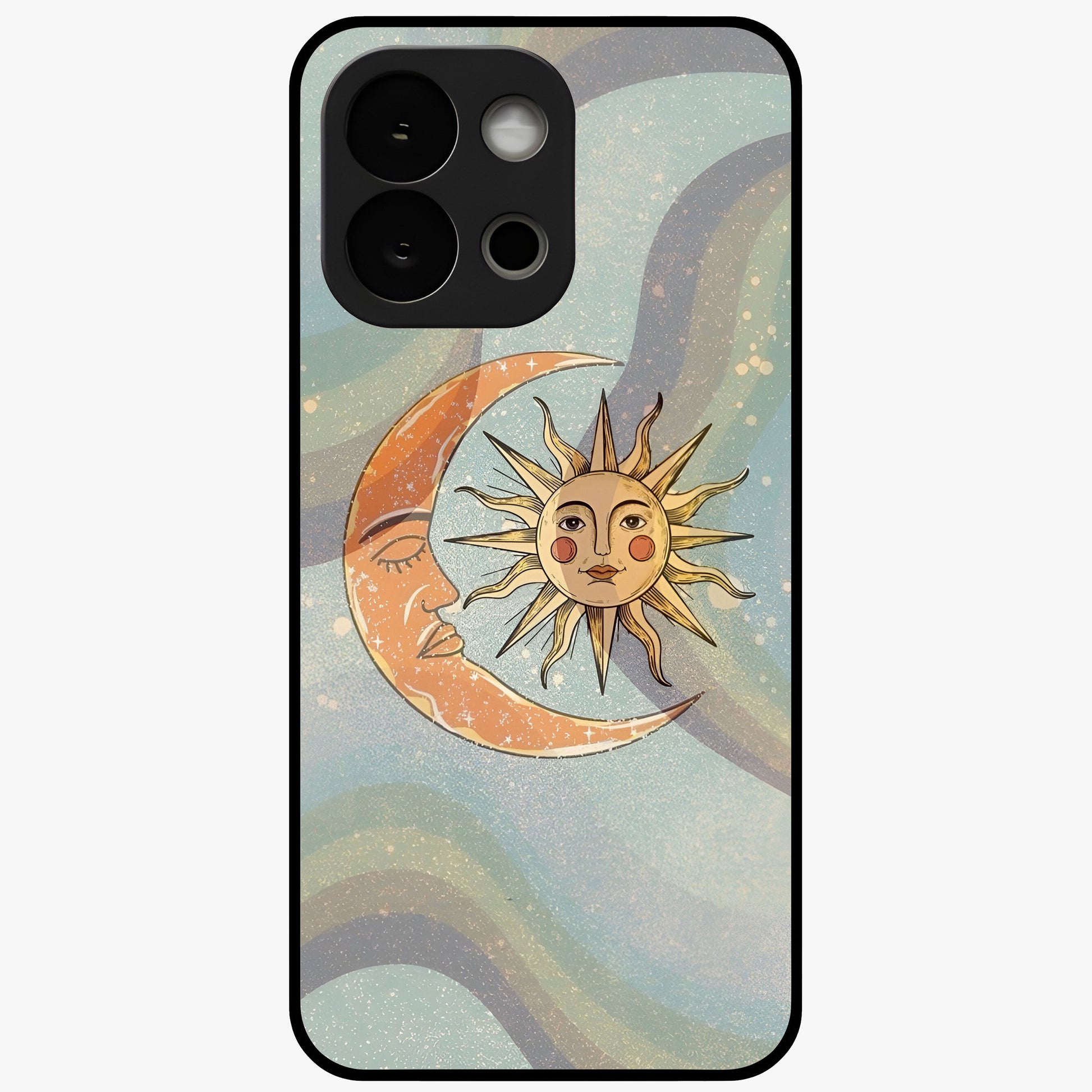 Celestial Harmony Vibes Glass Case for 1+13S serene front view featuring balanced cosmic artwork with calming tones
