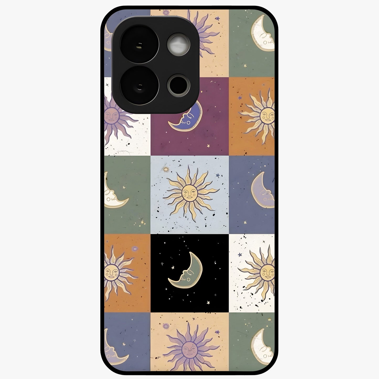 Celestial Patchwork Dreams Glass Case for 1+13S dreamy front view featuring patchwork style cosmic artwork