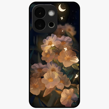 Celestial Petal Night Glass Case for 1+13S elegant front view featuring floral petals against dark night sky tones