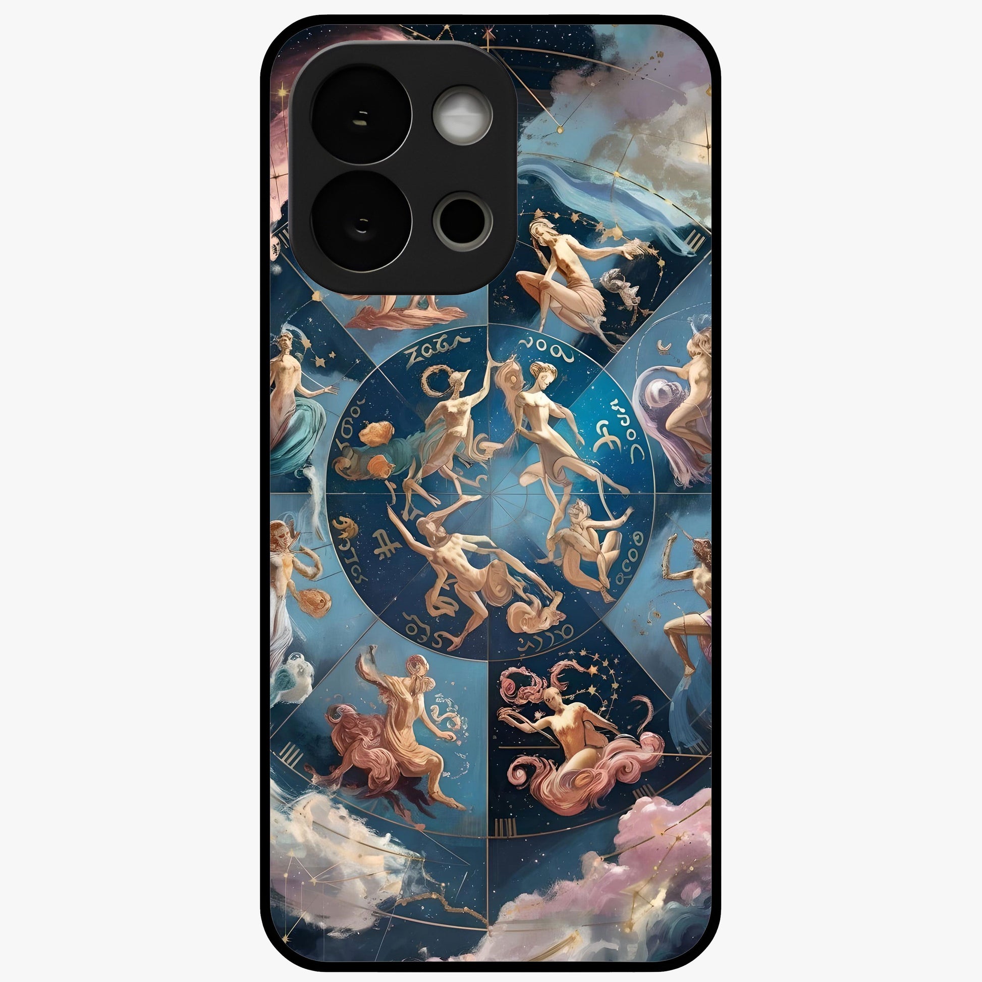 Celestial Signs Dance Glass Case for 1+13S artistic front view featuring zodiac inspired celestial symbol artwork