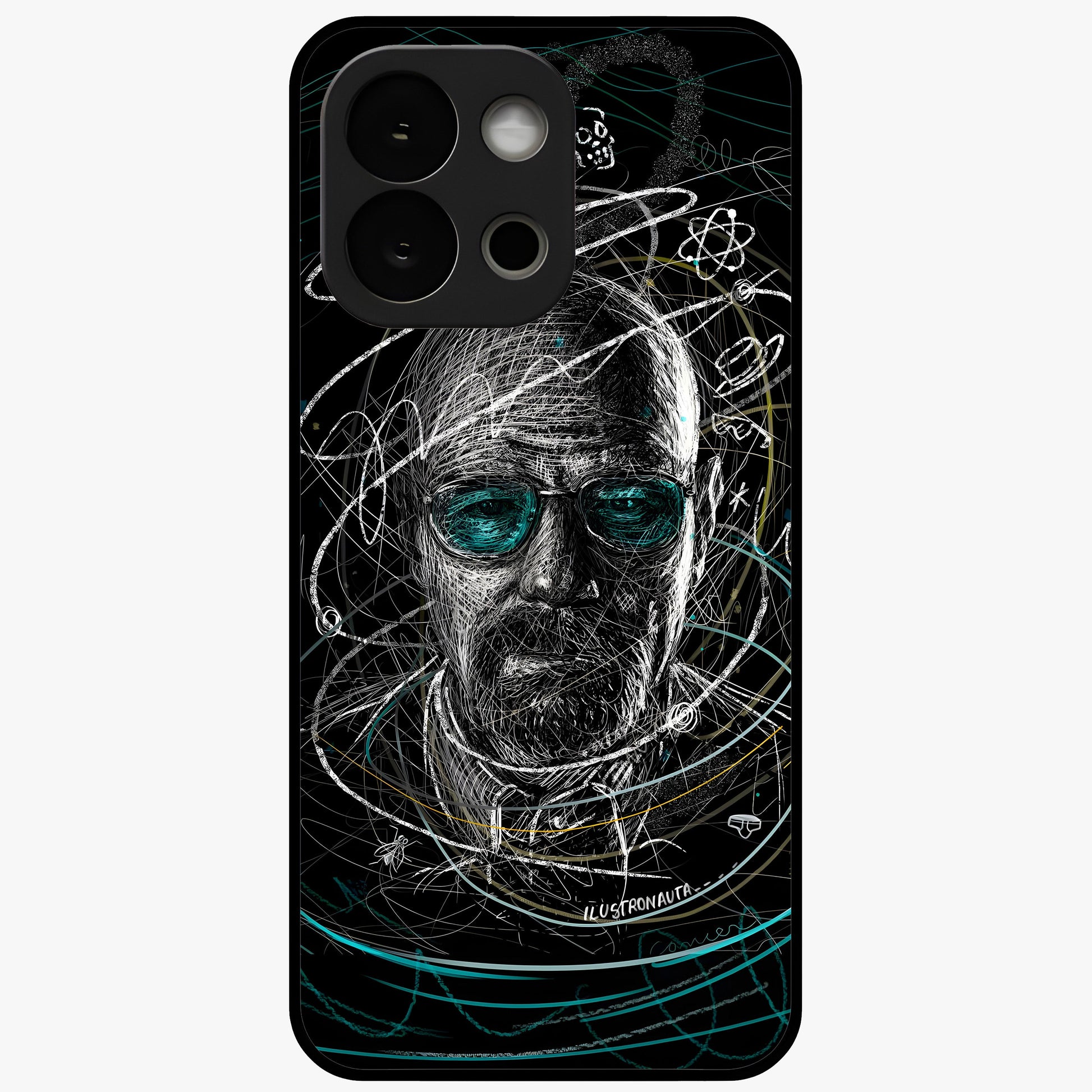 Chaotic Mind Genius Glass Case for 1+13S bold front view featuring expressive abstract typography artwork