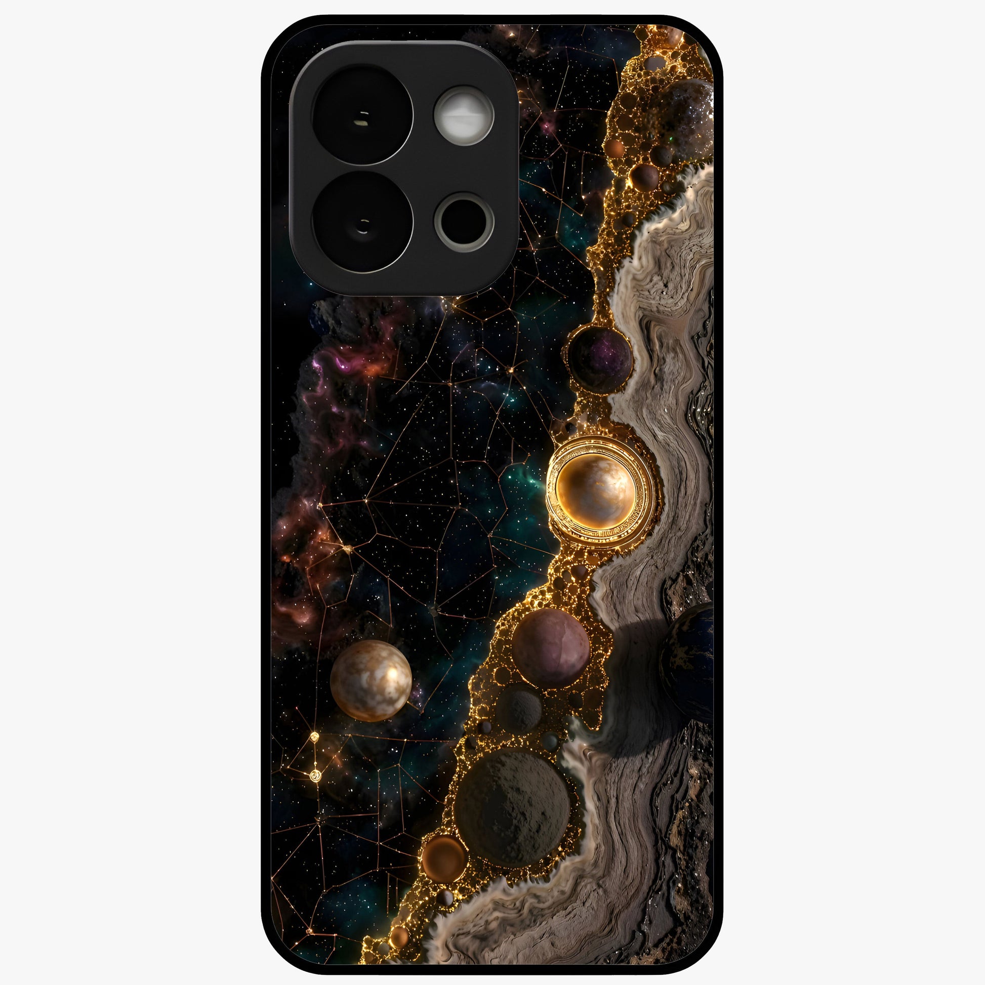 Cosmic Gold Path Glass Case for 1+13S luxurious front view featuring golden pathway artwork against cosmic backdrop