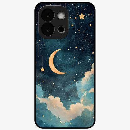 Crescent Galaxy Moon Glass Case for 1+13S mystical front view featuring crescent moon artwork with cosmic background