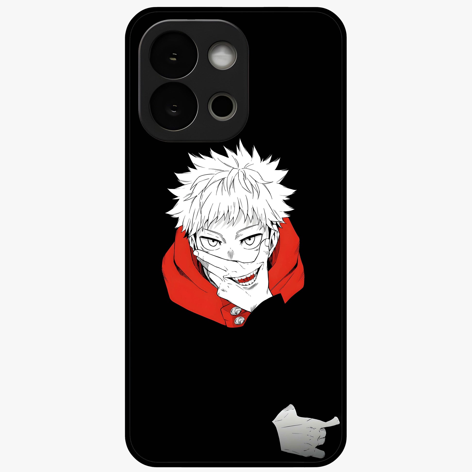 Crimson Chaos Smile Glass Case for 1+13S bold front view featuring edgy smile artwork in deep crimson tones