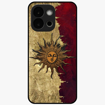 Crimson Sun Majesty Glass Case for 1+13S radiant front view featuring glowing sun artwork in deep red hues
