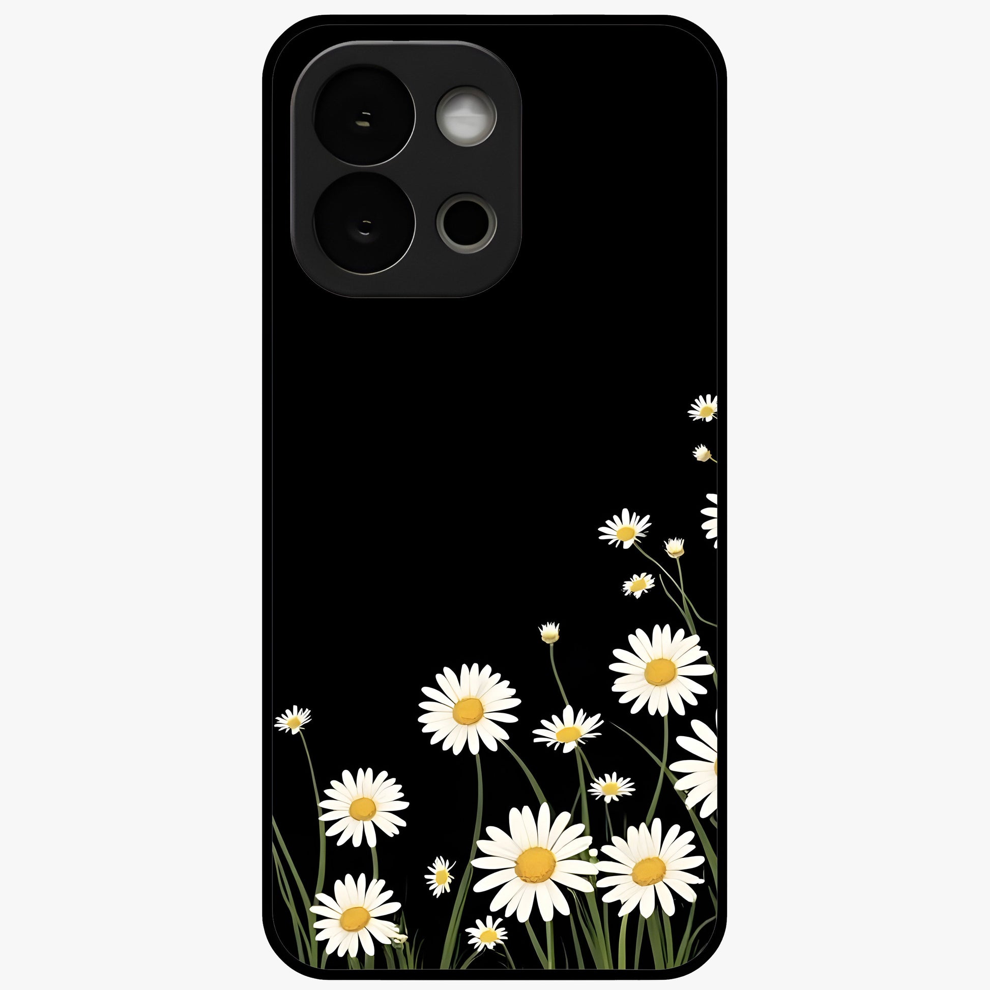 Daisy Cascade on Black Glass Case for 1+13S elegant front view featuring white daisy artwork on deep black background