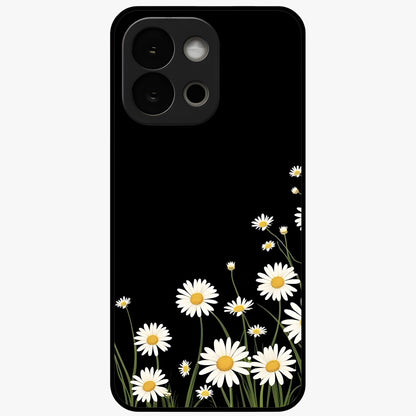 Daisy Cascade on Black Glass Case for 1+13S elegant front view featuring white daisy artwork on deep black background