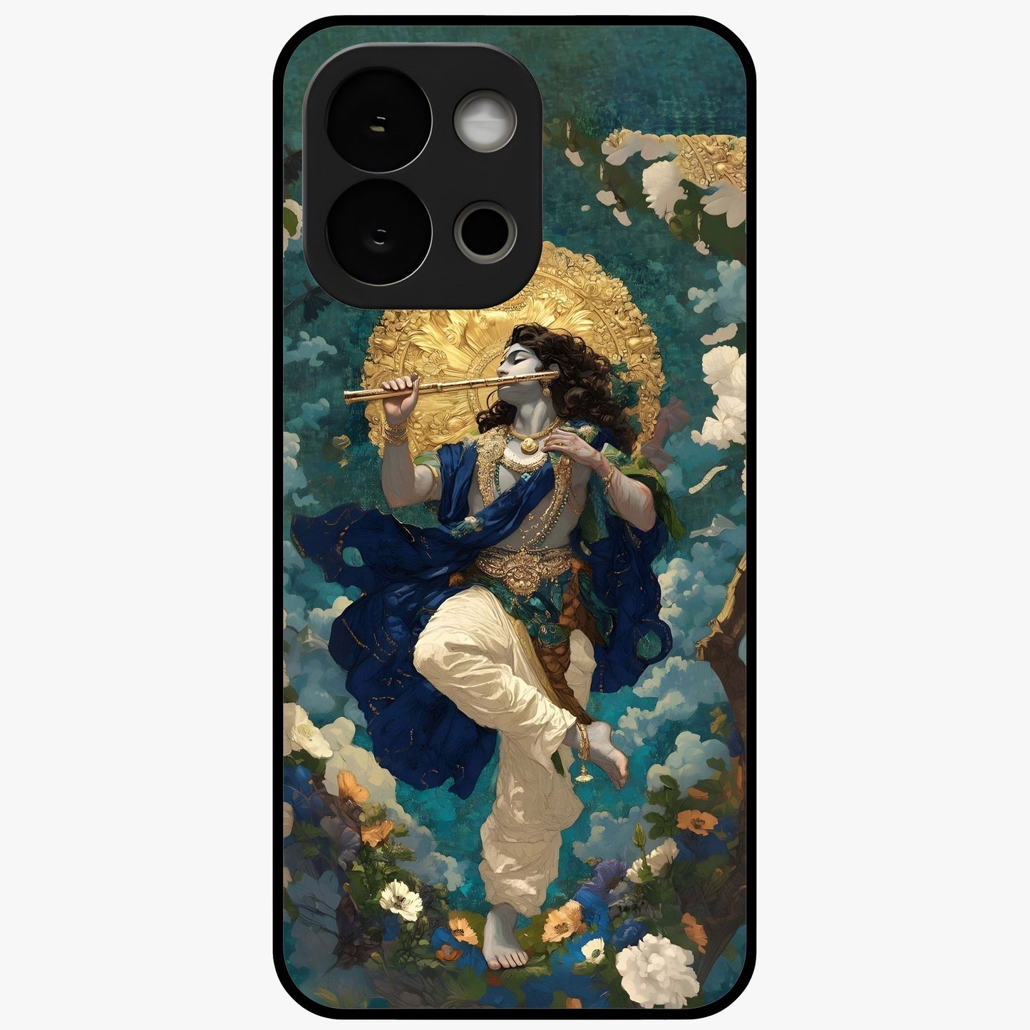 Divine Krishna Art Glass Case for 1+13S devotional front view featuring detailed Krishna artwork