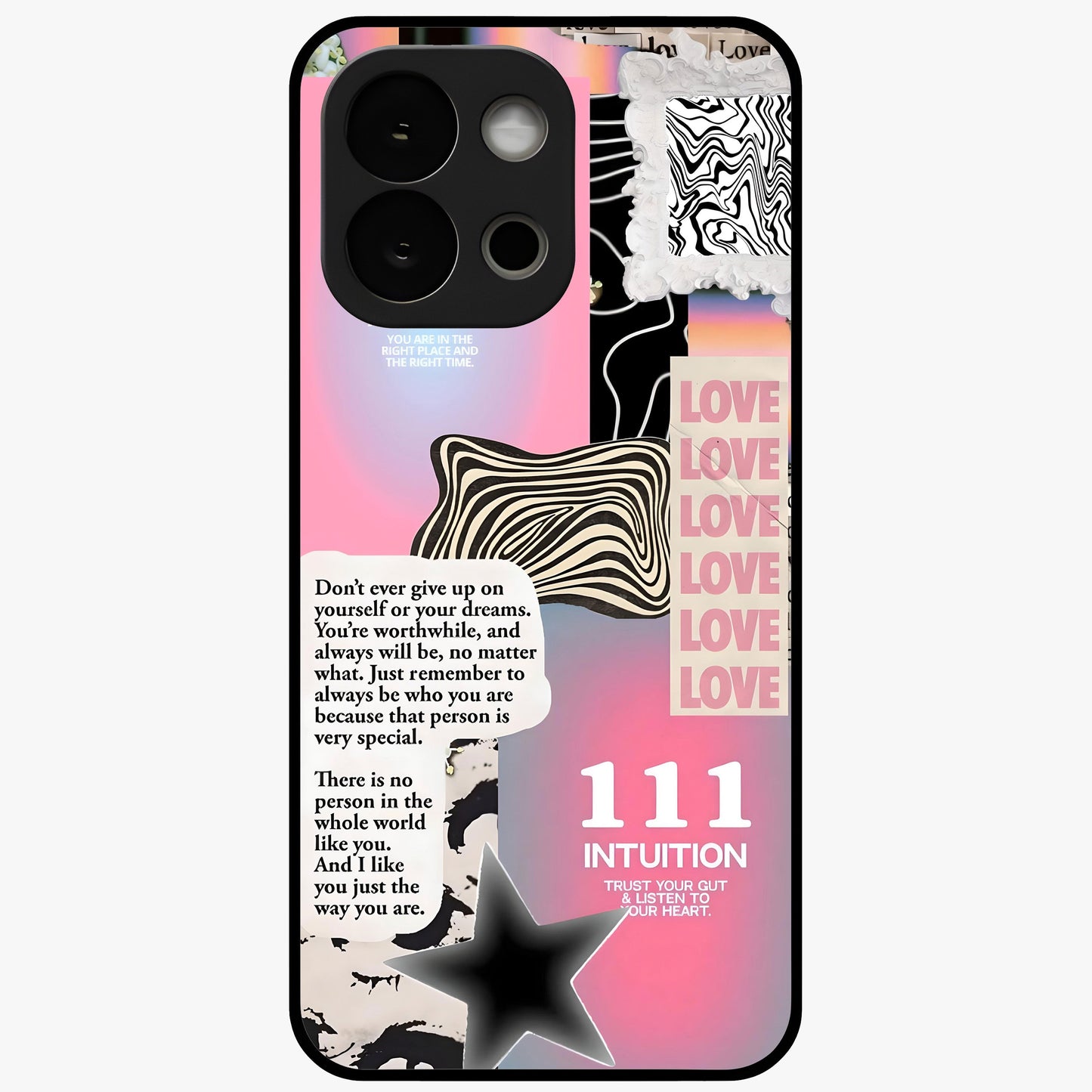 Divine Love Vibes Glass Case for 1+13S soft front view featuring romantic artistic typography design