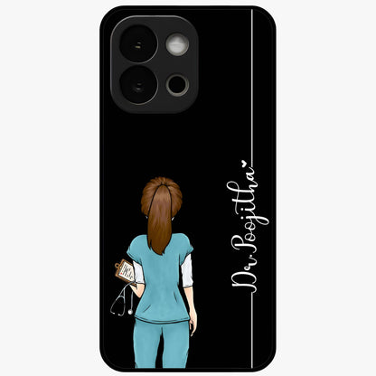 Doctor Pattern Custom Name Glass Case for 1+13S professional front view featuring medical themed artwork with personalized name design