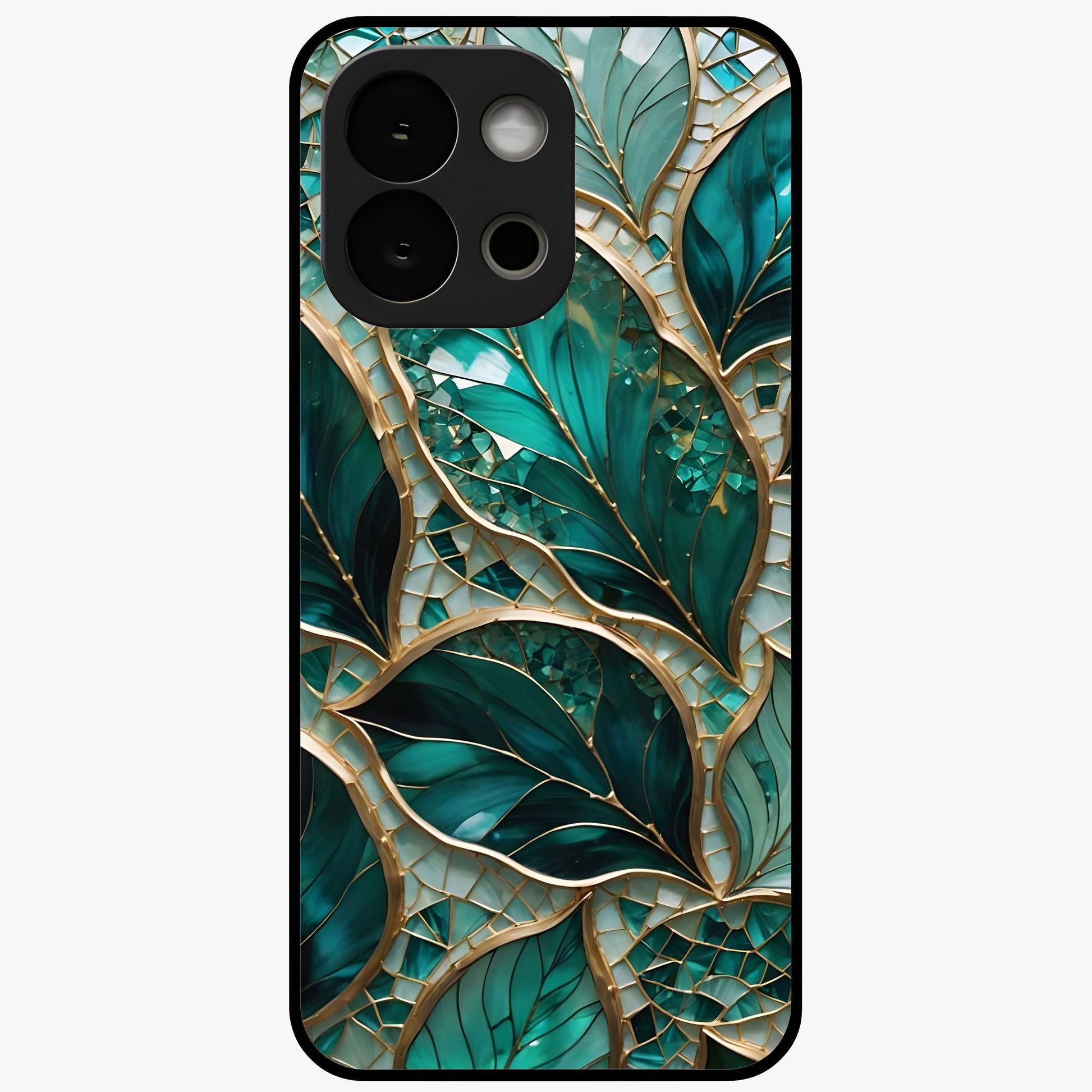 Emerald Leaf Glass Case for 1+13S minimalist front view featuring elegant green leaf artwork