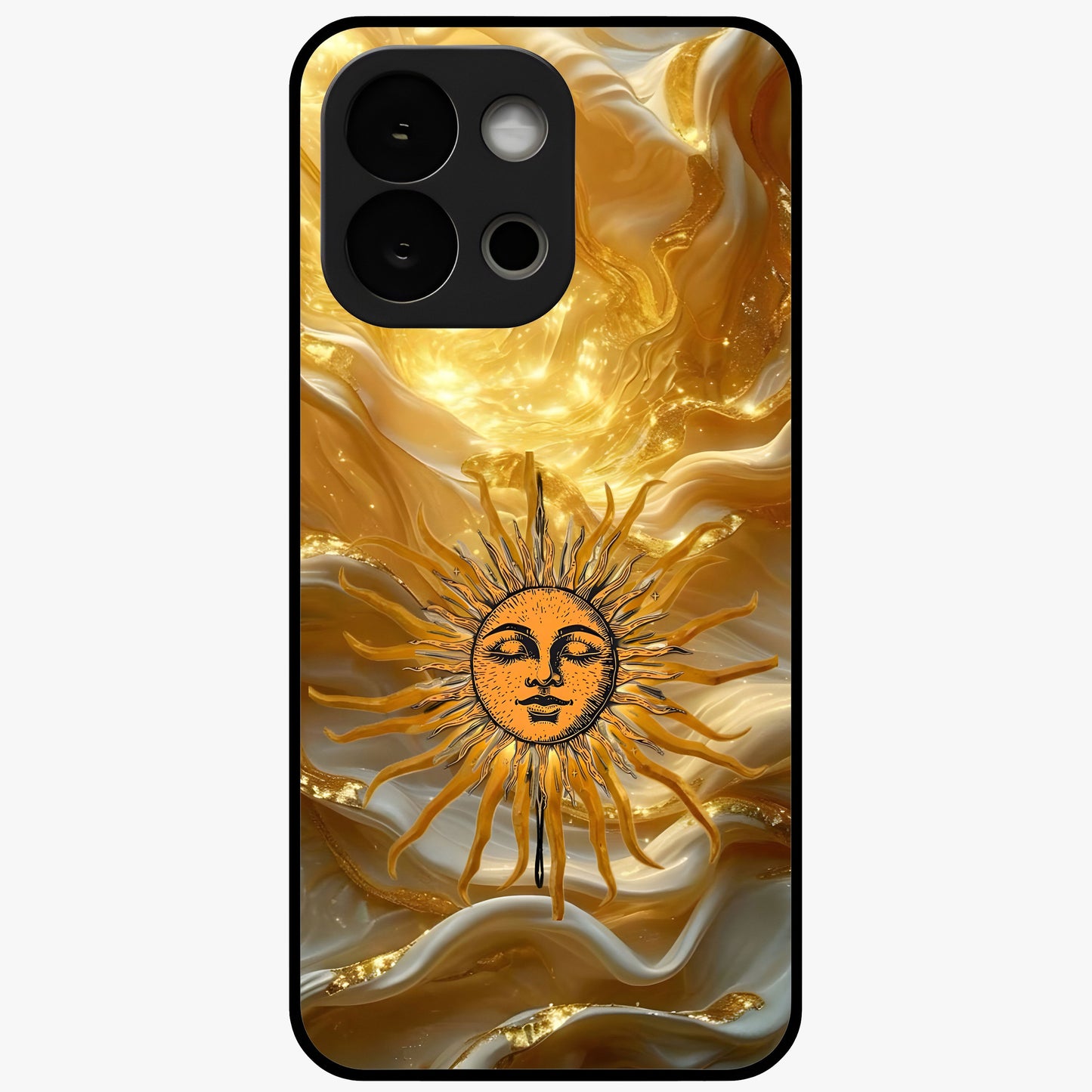 Eternal Golden Glow Glass Case for 1+13S radiant front view featuring warm golden artistic artwork