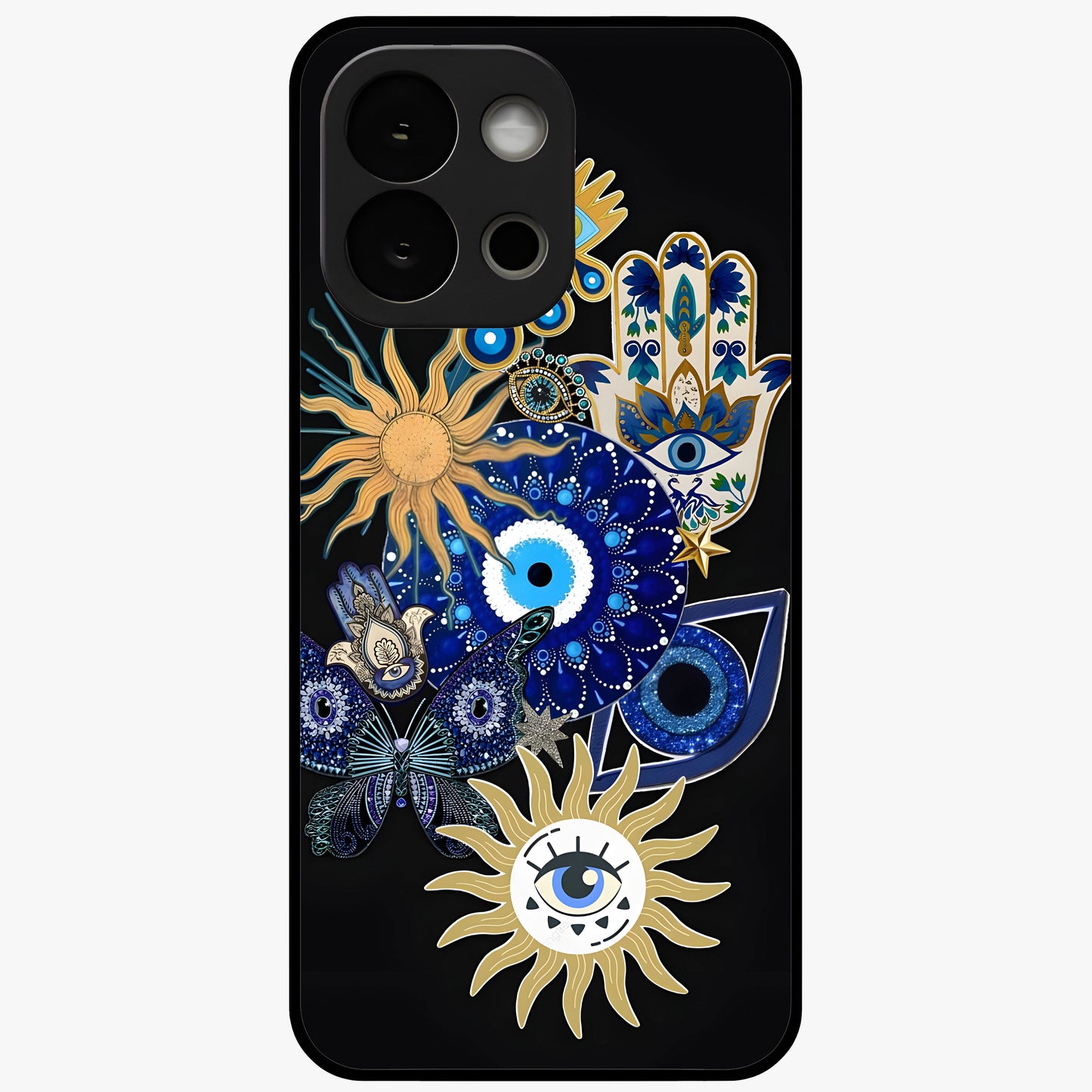 Evil Eye Charm Vibes Glass Case for 1+13S stylish front view featuring aesthetic evil eye inspired artwork