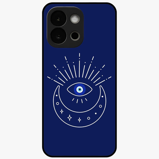 Evil Eye With Blue Themed Collage Glass Case for 1+13S artistic front view featuring blue collage style evil eye artwork