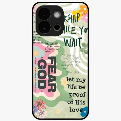 Faith Over Fear Glass Case for 1+13S inspirational front view featuring bold motivational typography artwork