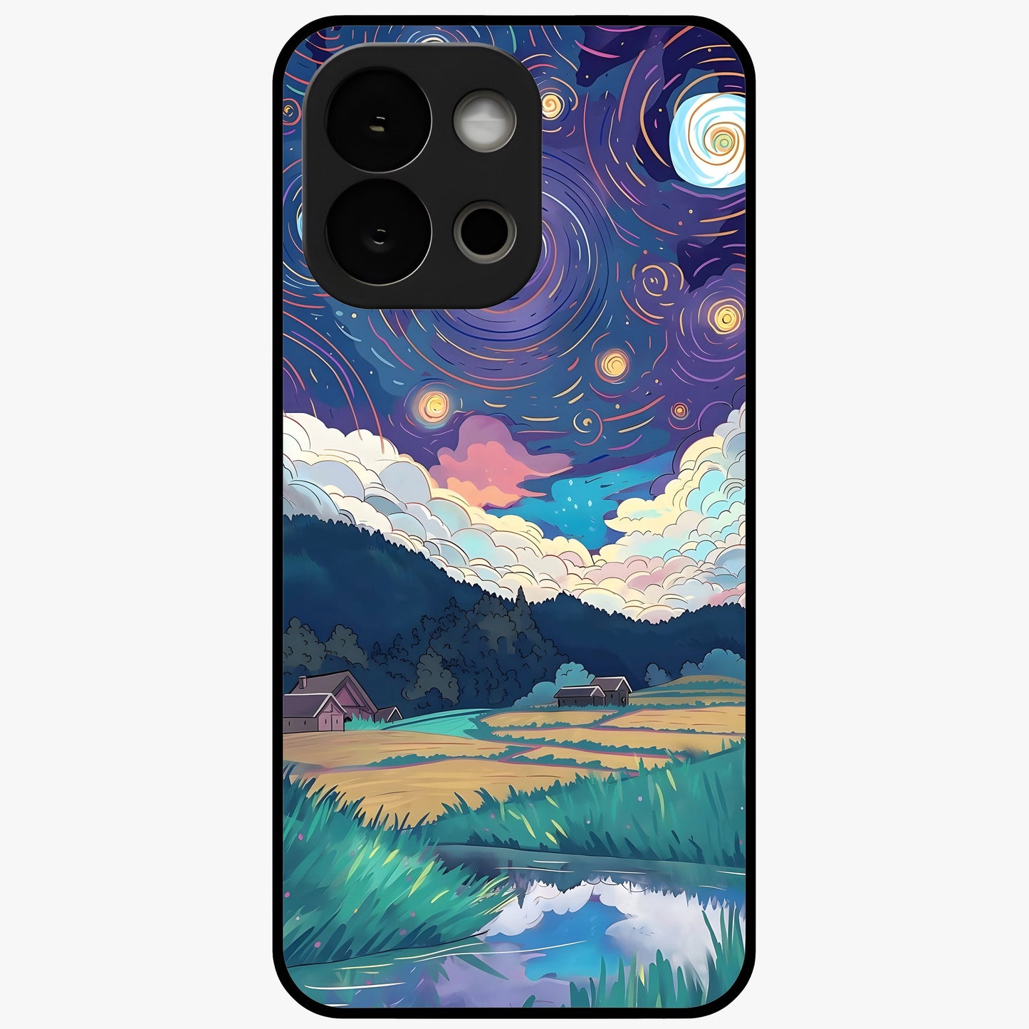 Fields Beneath the Cosmos Glass Case for 1+13S dreamy front view featuring meadow landscape under cosmic sky