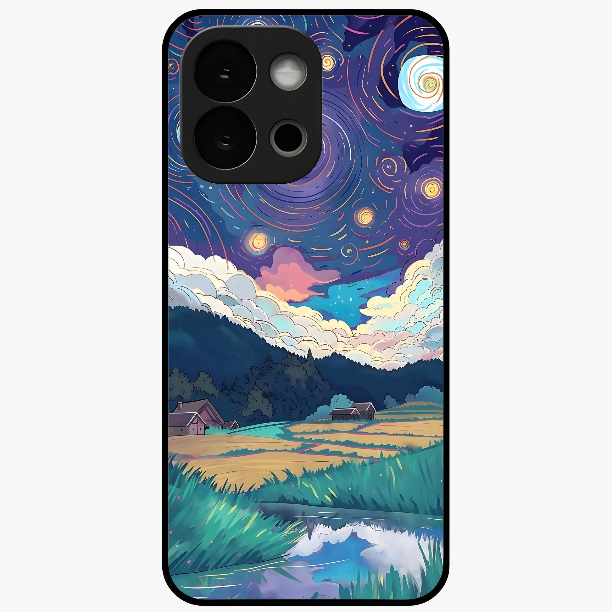 Fields Beneath the Cosmos Glass Case for 1+13S dreamy front view featuring meadow landscape under cosmic sky