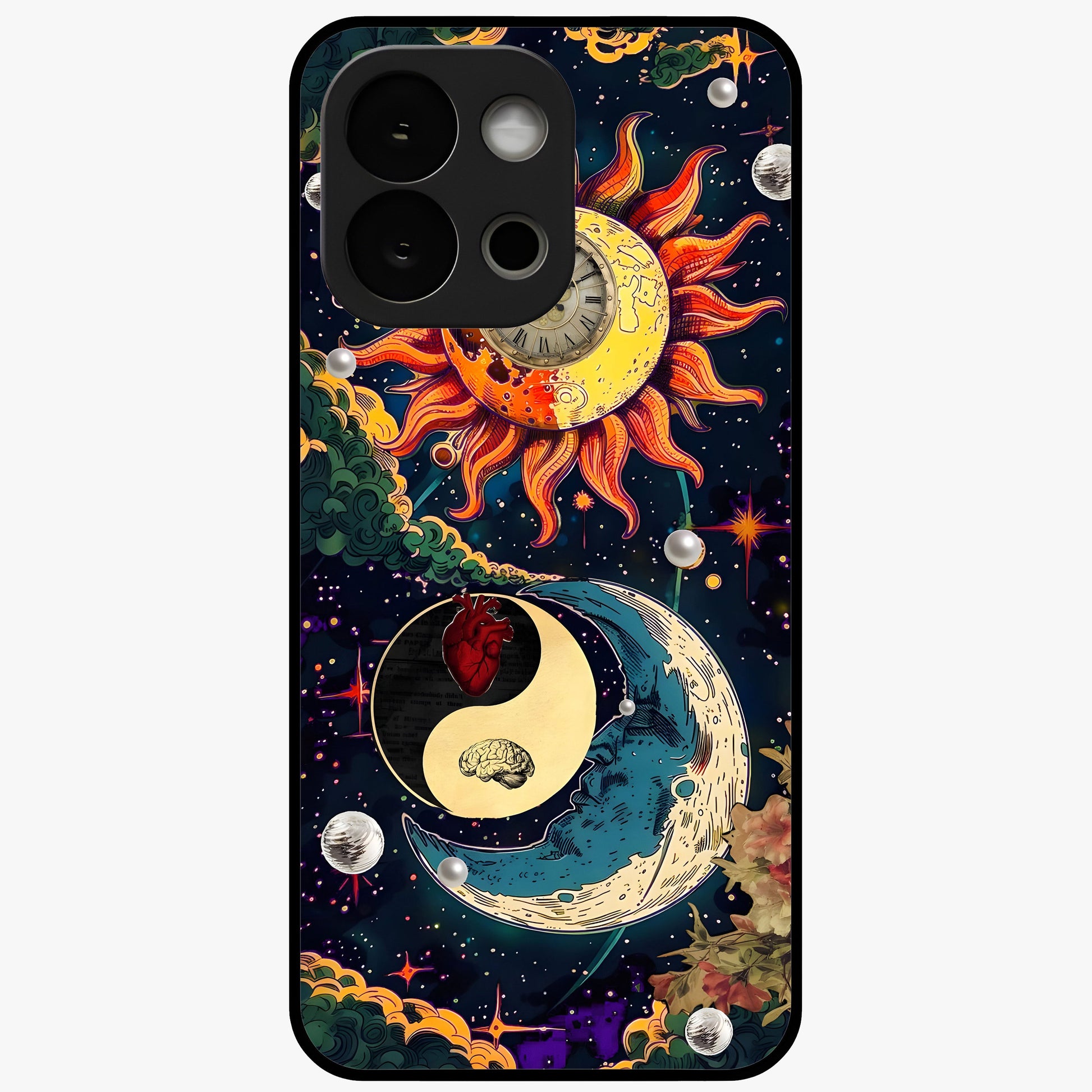 Future Universe Glass Case for 1+13S futuristic front view featuring cosmic inspired abstract artwork