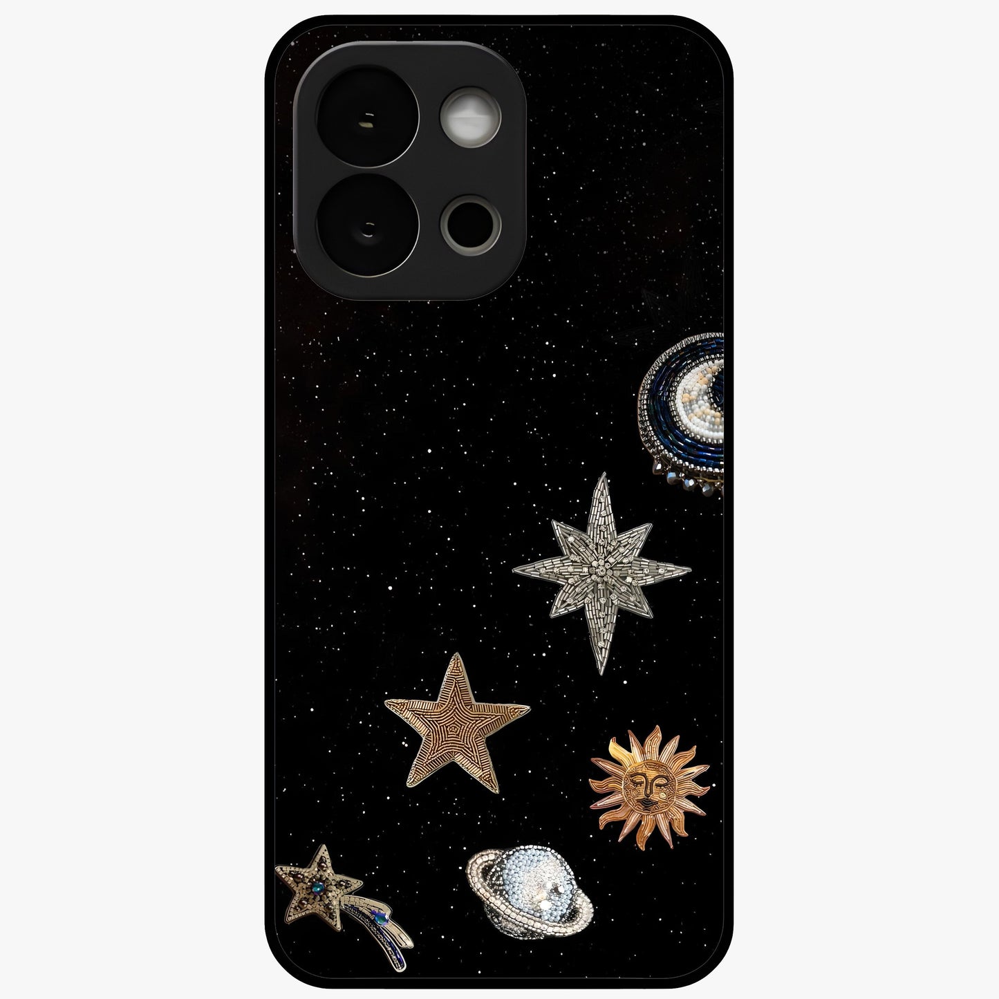 Galactic Charm Glow Glass Case for 1+13S radiant front view featuring glowing cosmic charm artwork