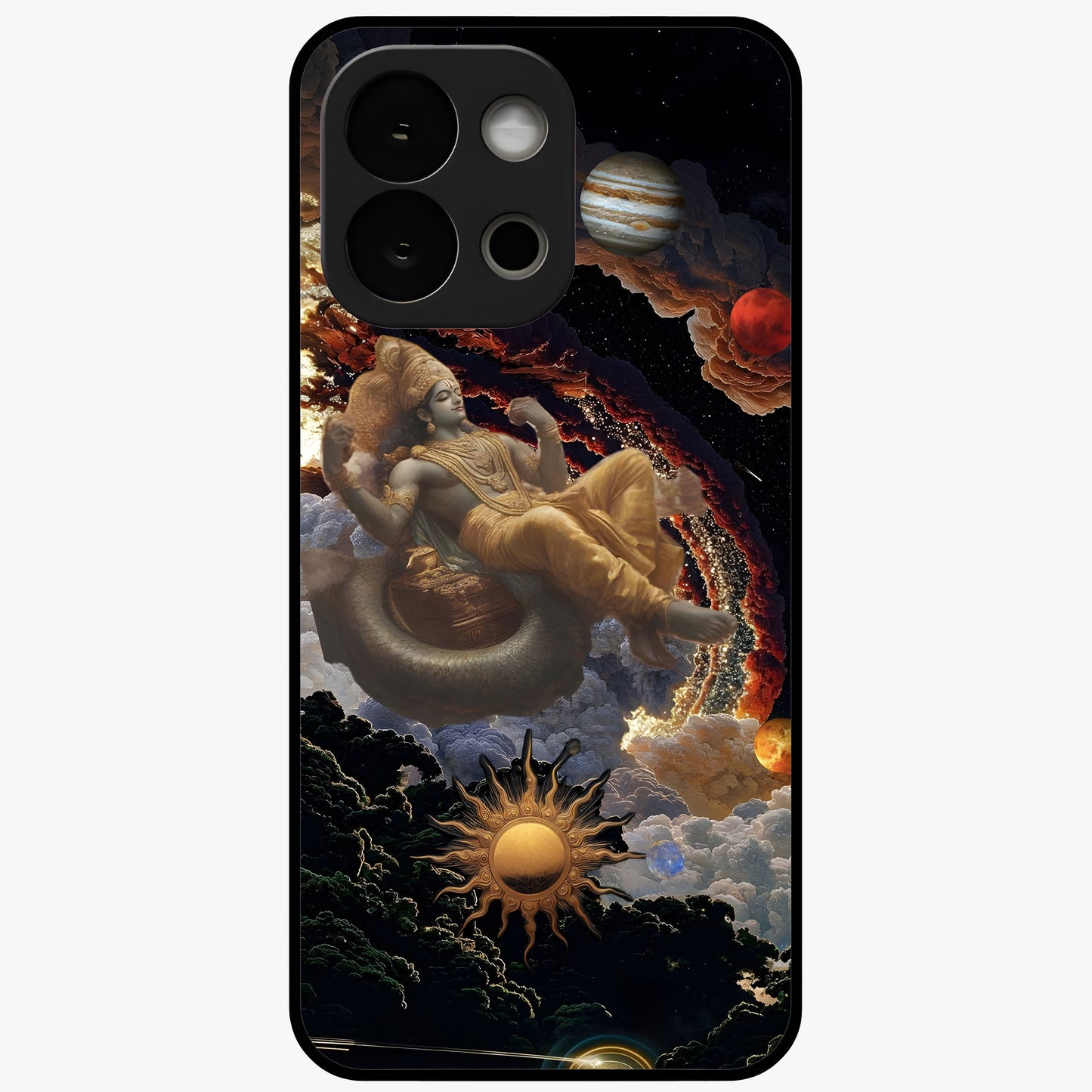 Galactic Divine God Glass Case for 1+13S powerful front view featuring divine artwork blended with cosmic background