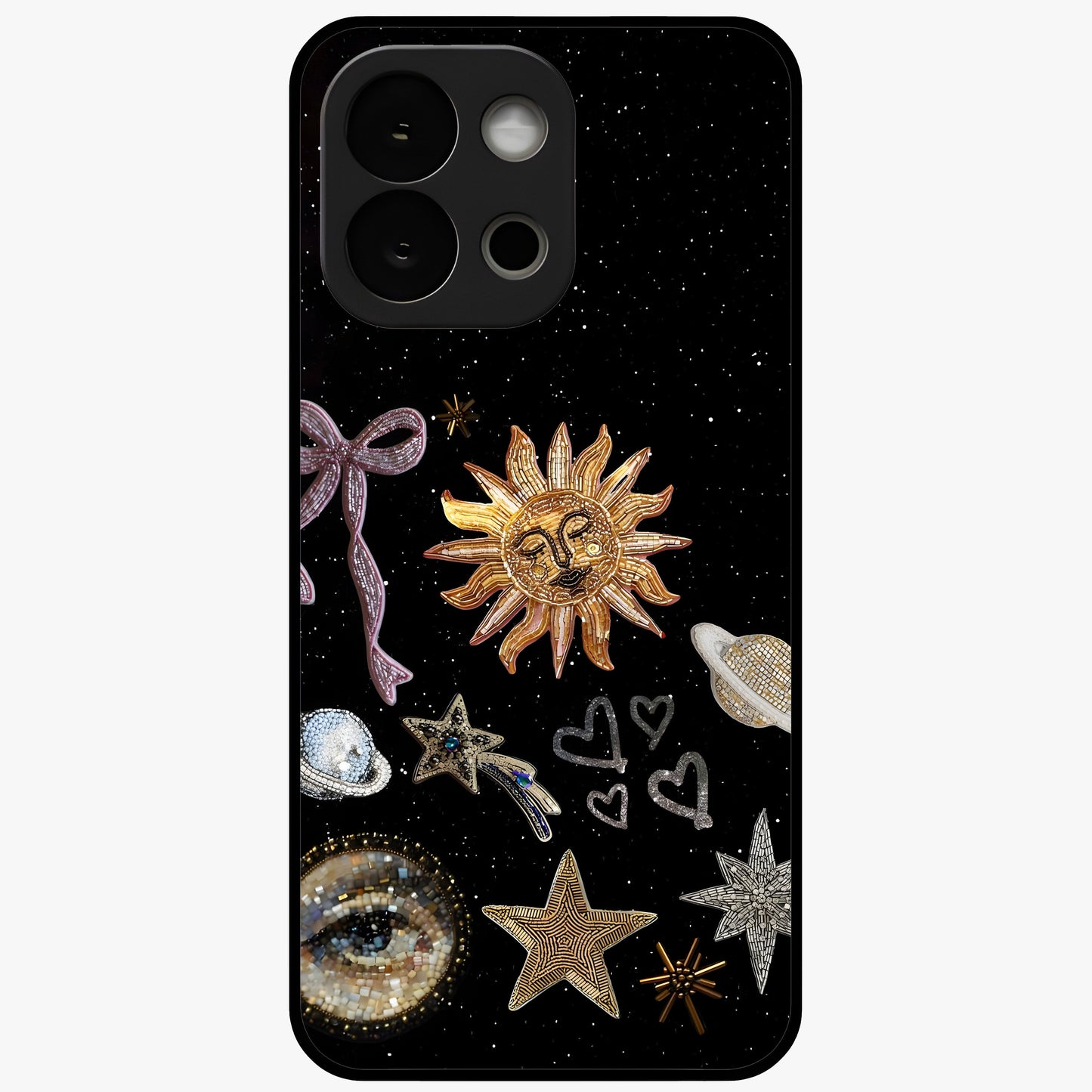 Galactic Sun Charm Glass Case for 1+13S radiant front view featuring celestial sun artwork with cosmic accents