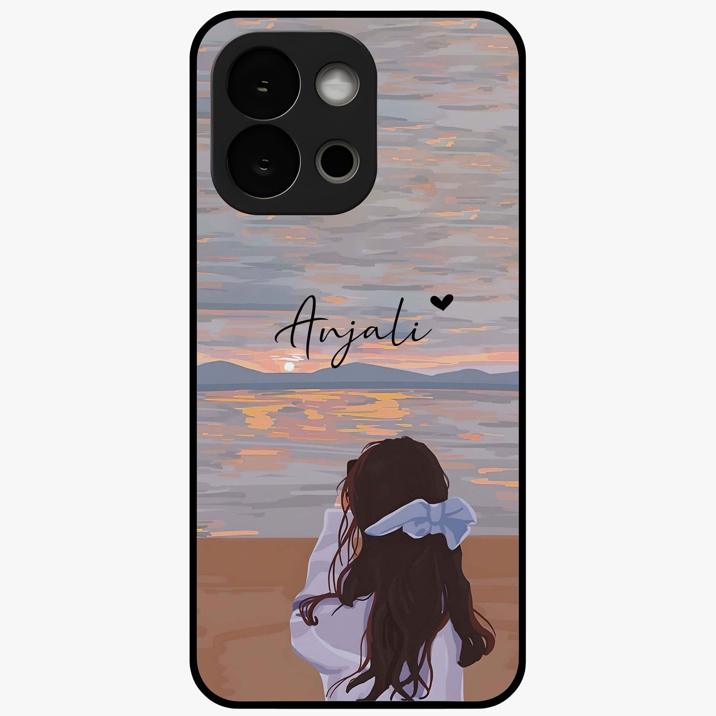 Girl Facing Sunset Beach Glass Case for 1+13S scenic front view featuring silhouette artwork against glowing sunset sky