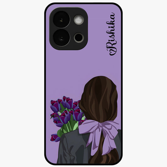 Girl Holding Flowers Glass Case for 1+13S aesthetic front view featuring soft illustrated character with floral bouquet