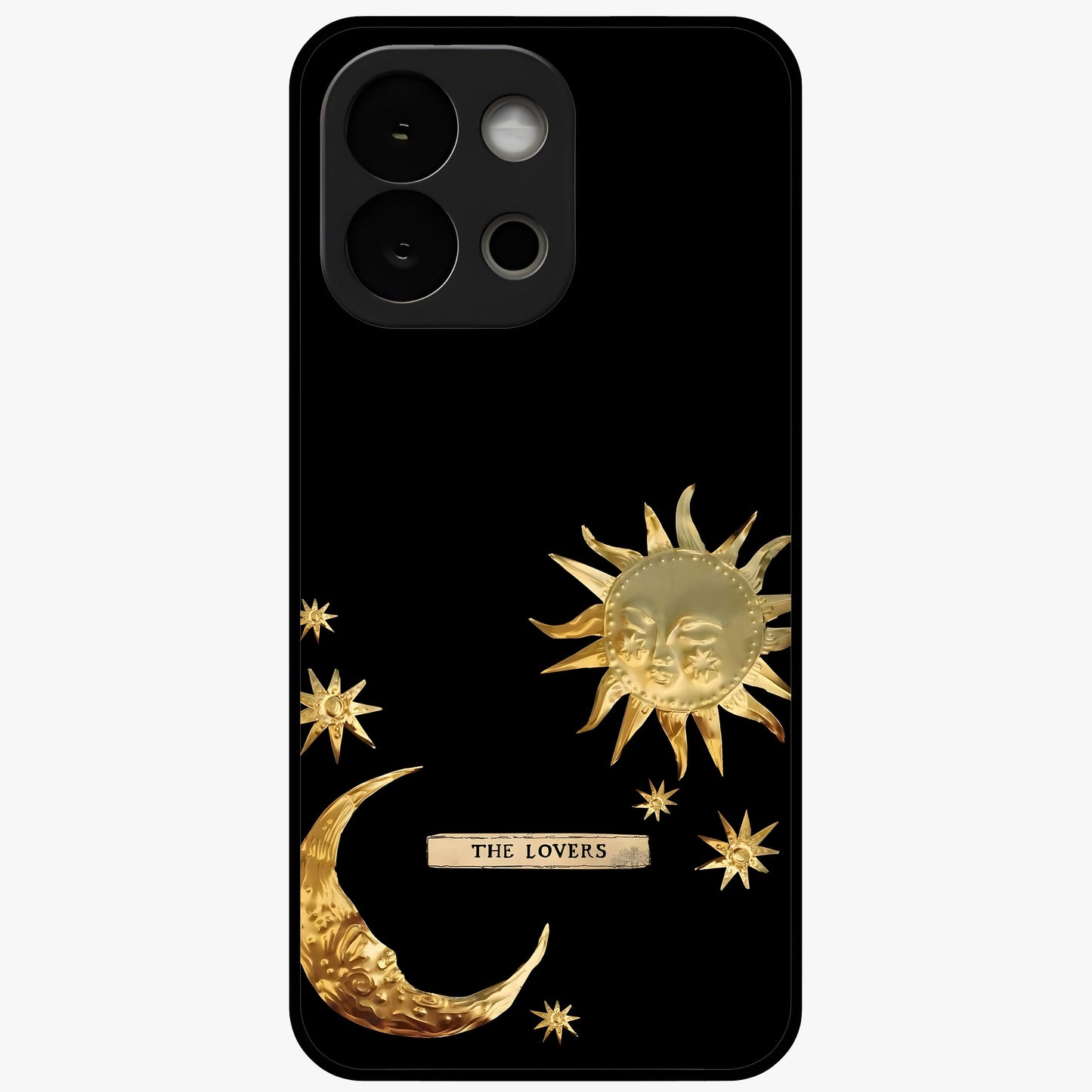 Golden Crescent Mood Glass Case for 1+13S artistic front view featuring crescent moon artwork in warm golden tones