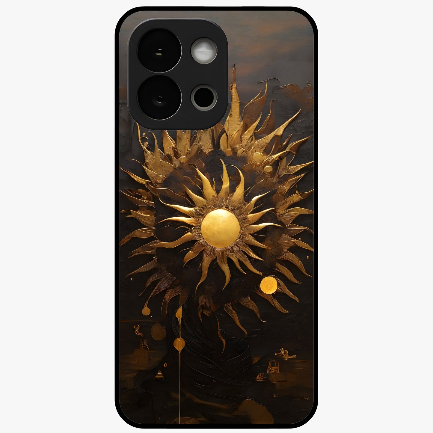 Golden Sun Minimalism Glass Case for 1+13S clean front view featuring minimalist golden sun artwork