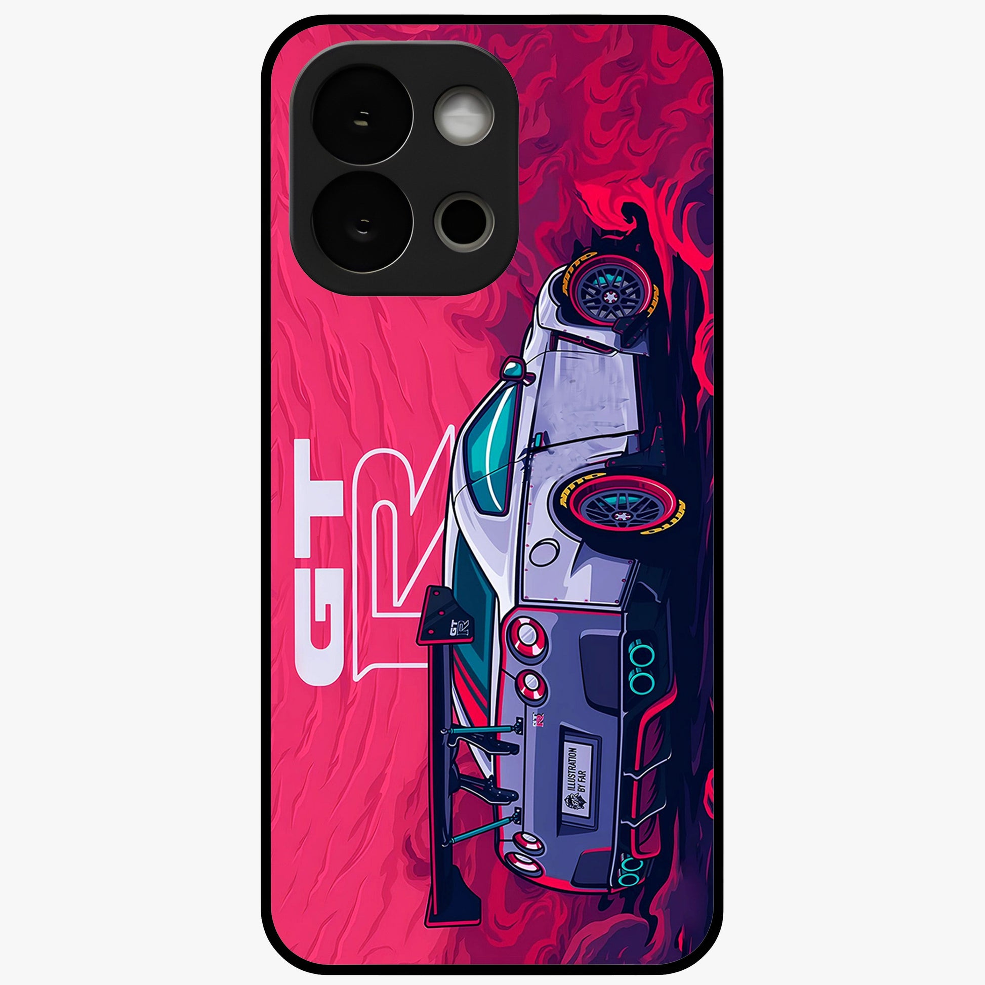 Gt R Car Pattern Glass Case for 1+13S bold front view featuring performance car inspired pattern artwork