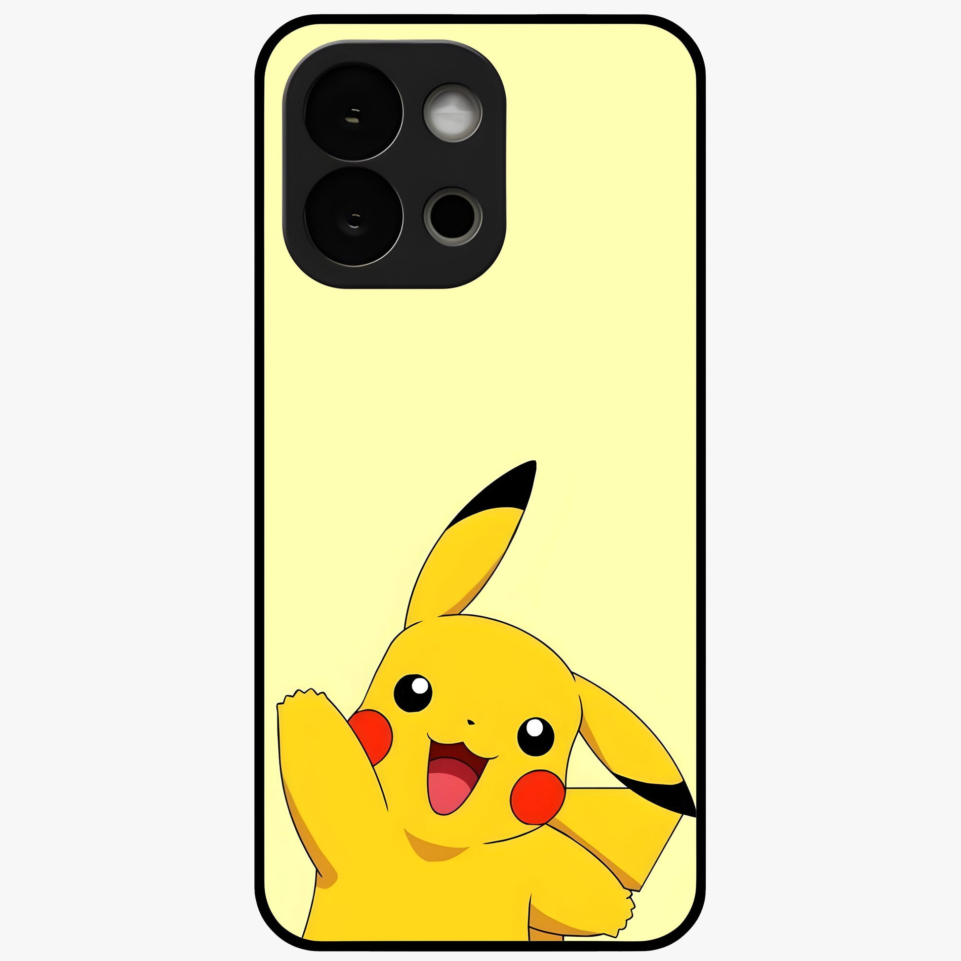 Happy Electric Pikachu Glass Case for 1+13S energetic front view featuring electric themed cartoon artwork