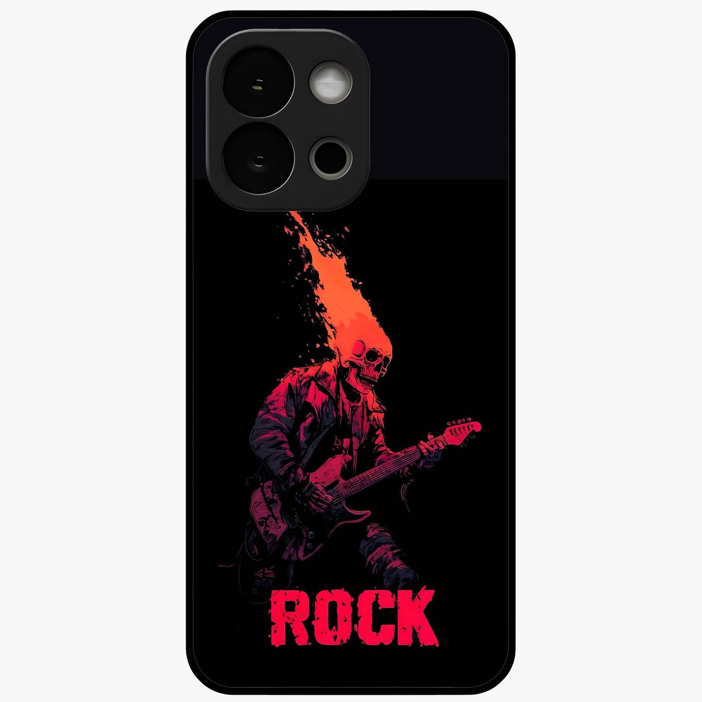 Hellfire Rock Anthem Glass Case for 1+13S showing full back design in clean flat view with fiery rock-inspired artwork and glossy glass finish.