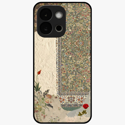 Heritage Textile Layers Glass Case for 1+13S showing full back design in clean flat view with layered textile-inspired artwork and glossy glass finish.