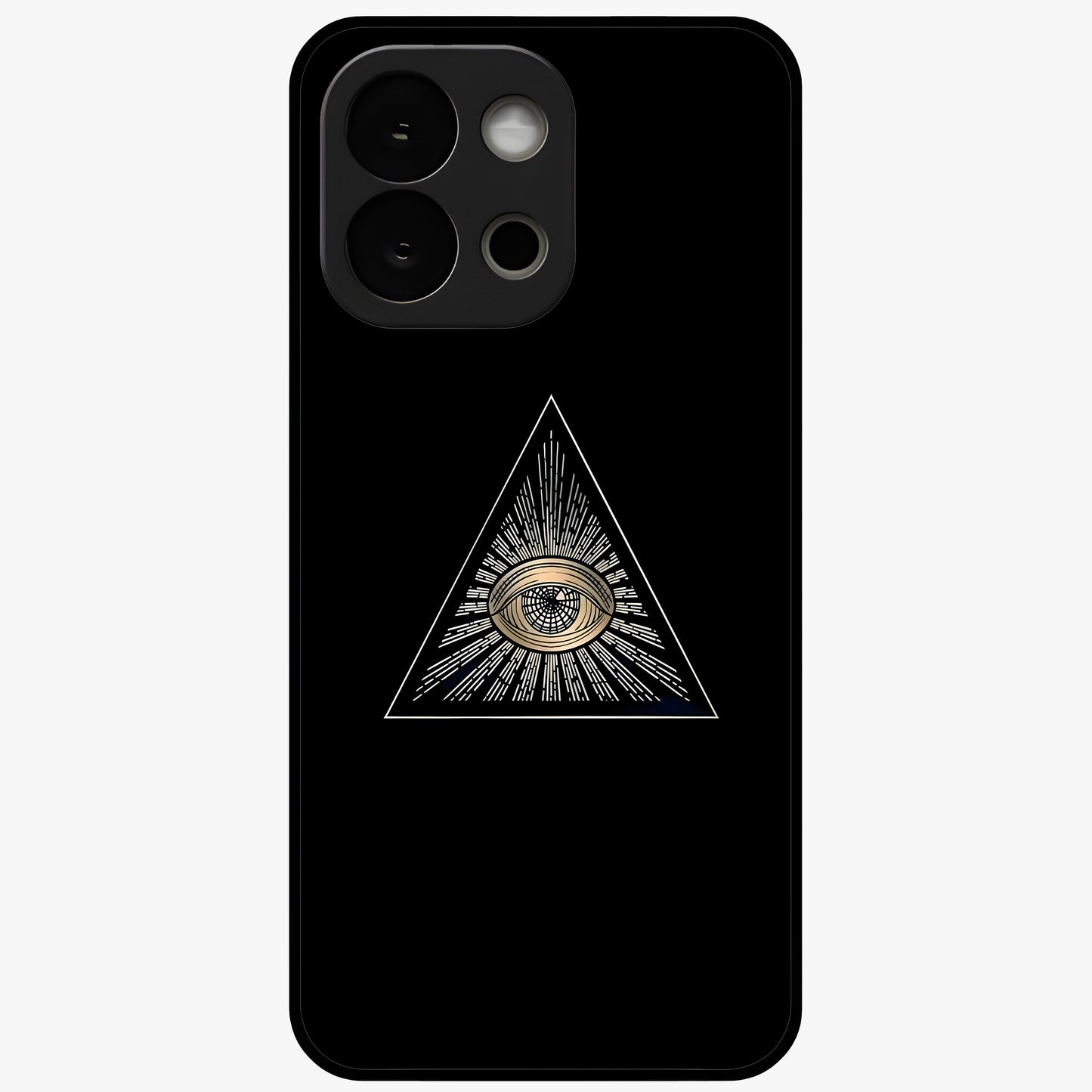 Illuminati Evil Glass Case for 1+13S showing full back design in clean flat view with bold symbolic artwork and glossy glass finish.