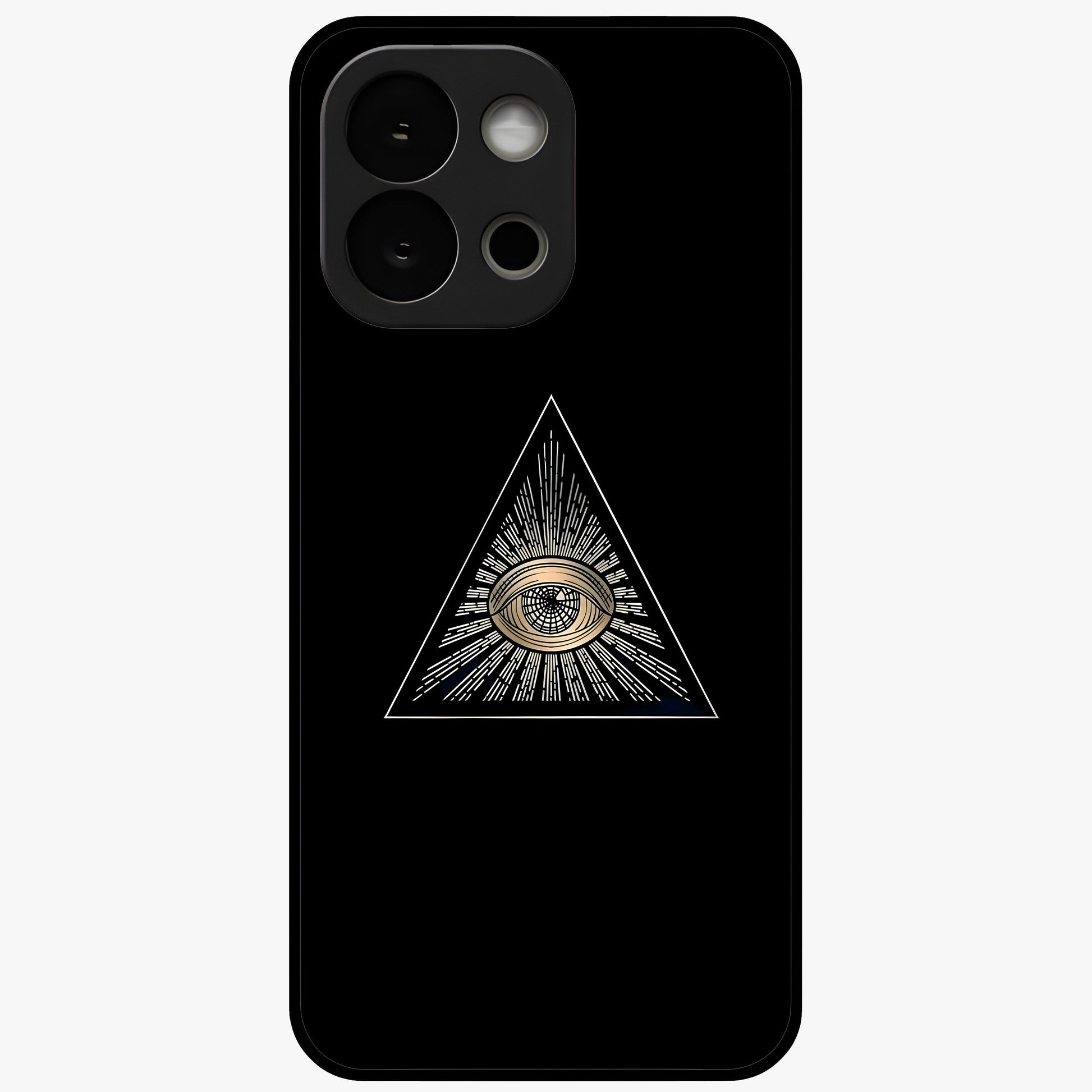 Illuminati Evil Glass Case for 1+13S showing full back design in clean flat view with bold symbolic artwork and glossy glass finish.