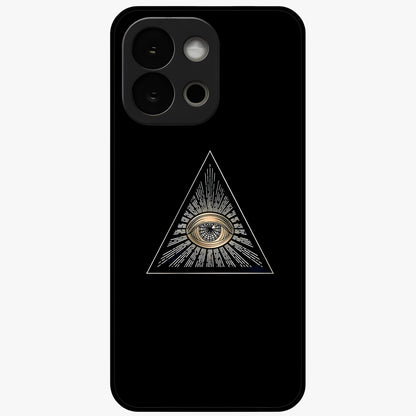Illuminati Evil Glass Case for 1+13S showing full back design in clean flat view with bold symbolic artwork and glossy glass finish.