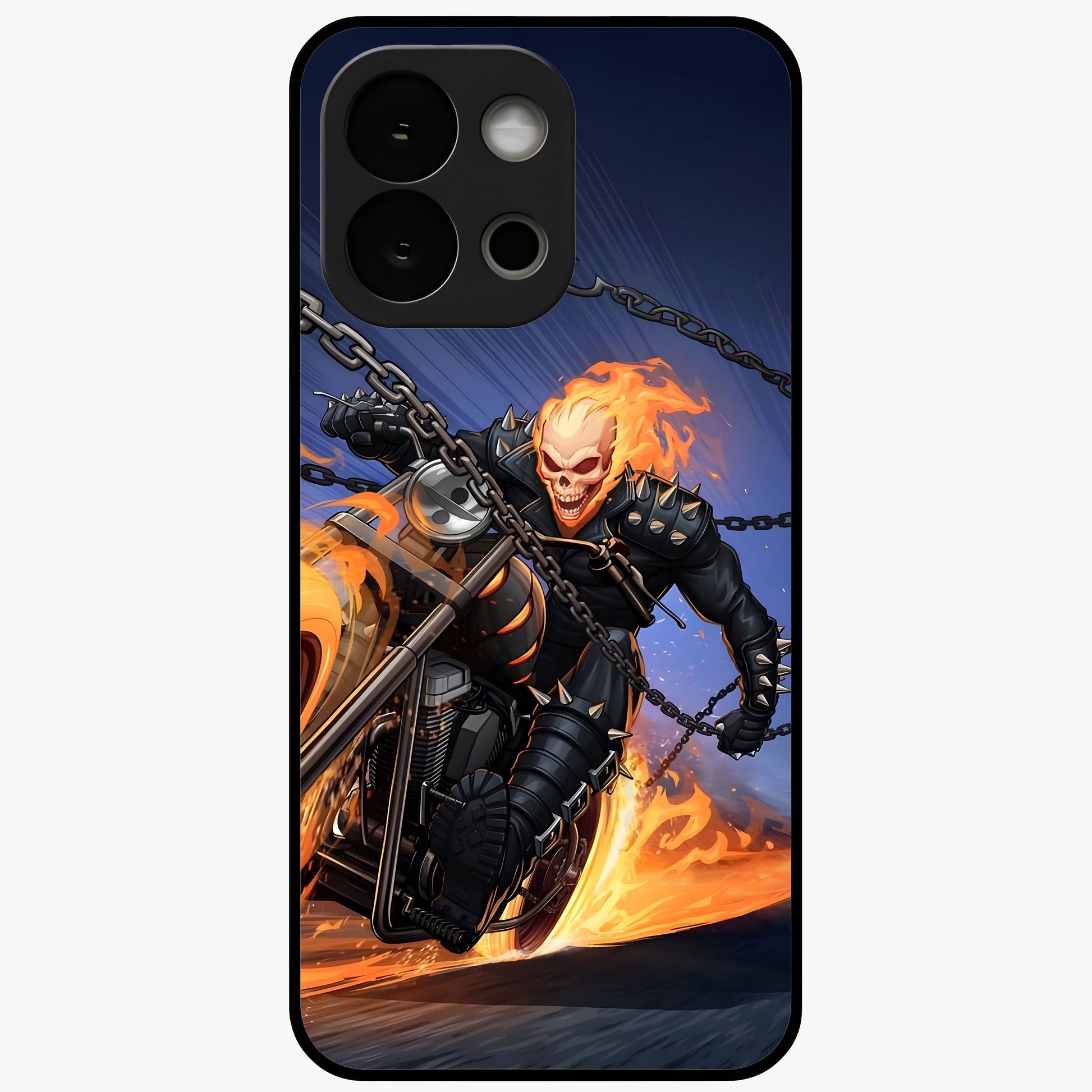 Inferno Chain Rider Glass Case for 1+13S showing full back design in clean flat view with fiery chain rider artwork and glossy glass finish.