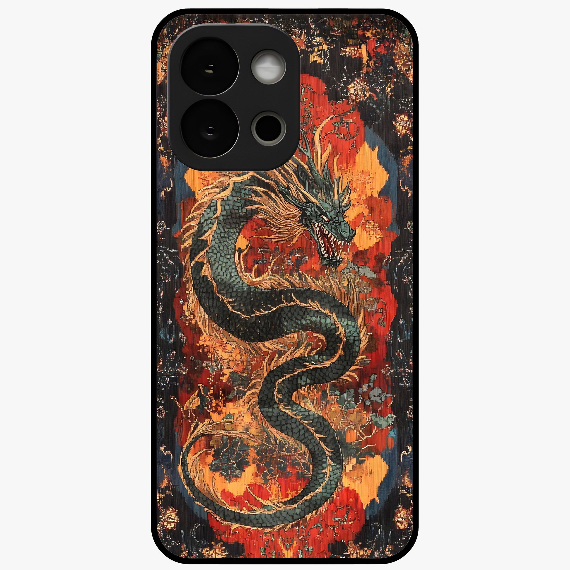 Inferno Dragon Soul Glass Case for 1+13S showing full back design in clean flat view with blazing dragon artwork and glossy glass finish.