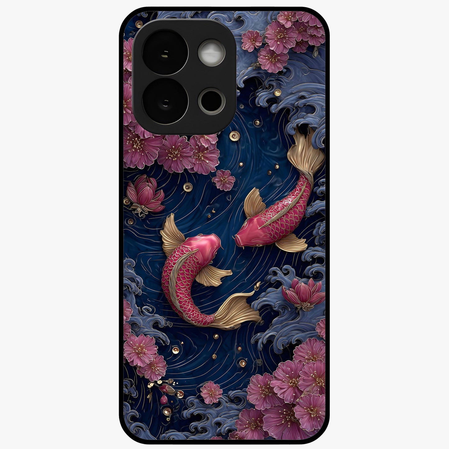 Koi Wave Dance Glass Case for 1+13S artistic front view featuring flowing koi fish artwork with wave patterns