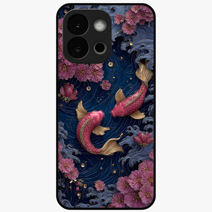 Koi Wave Dance Glass Case for 1+13S artistic front view featuring flowing koi fish artwork with wave patterns