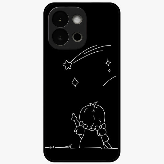 Line Art Girl With Shooting Stars Glass Case for 1+13S elegant front view featuring minimal line art character with shooting stars
