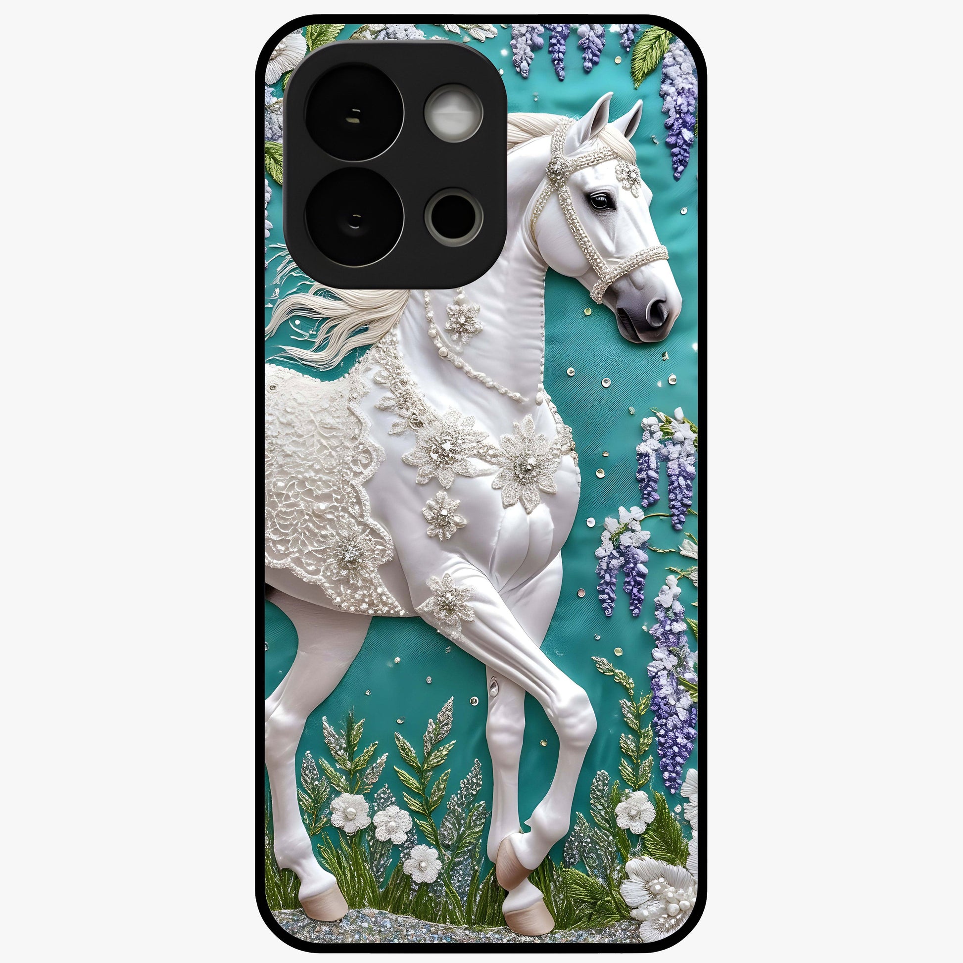 Majestic Floral Stallion Glass Case for 1+13S powerful front view featuring horse artwork blended with floral detailing