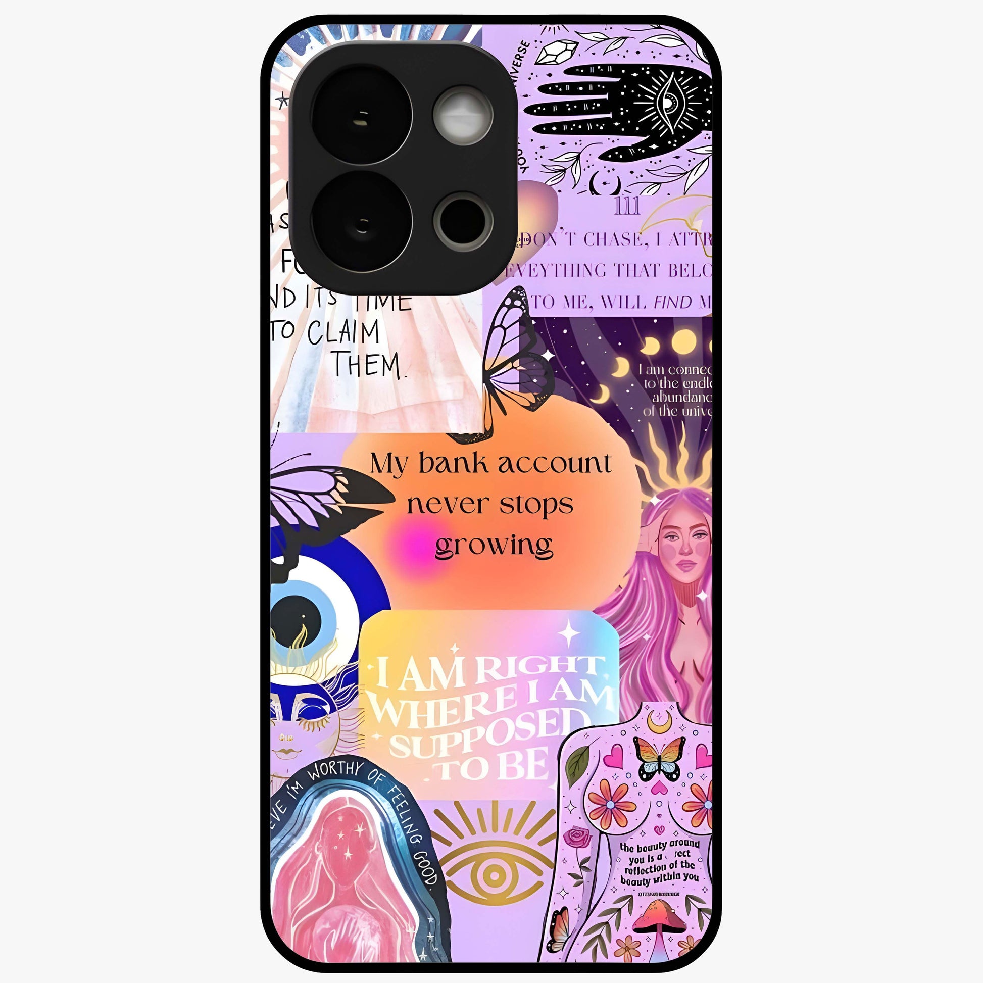 Manifestation Collage Glass Case for 1+13S creative front view featuring aesthetic vision board collage artwork