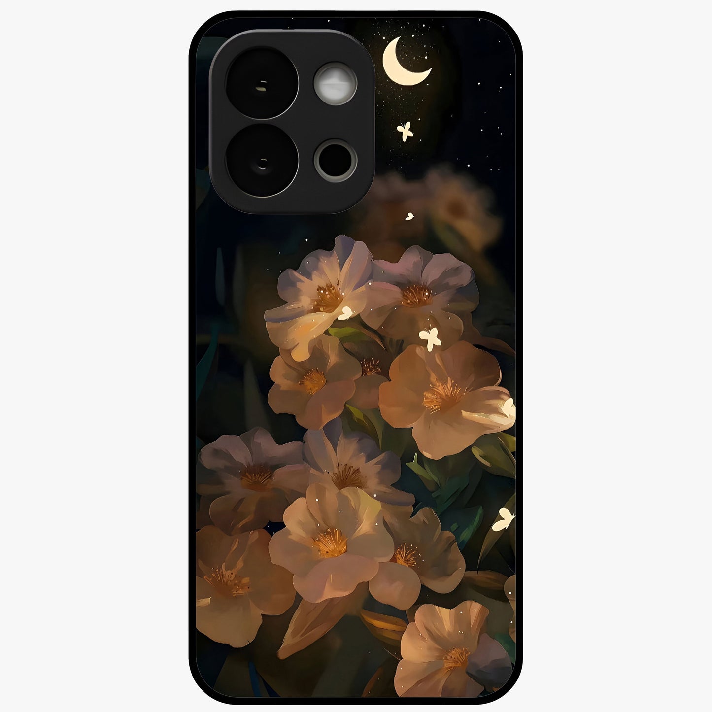 Midnight Bloom Trail Glass Case for 1+13S artistic front view featuring flowing floral trail artwork in dark tones