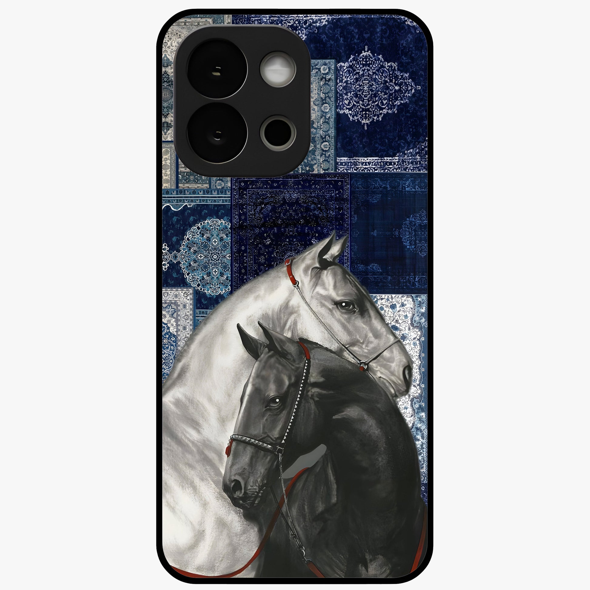 Midnight Stallion Blues Glass Case for 1+13S powerful front view featuring horse artwork in deep blue night tones