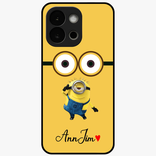 Minion Custom Name Glass Case for 1+13S playful front view featuring cartoon inspired artwork with personalized name design