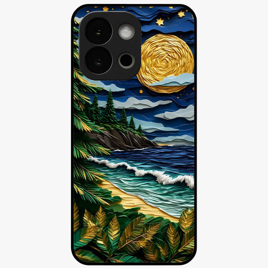 Moonlit Ocean Pines Glass Case for 1+13S scenic front view featuring pine trees by ocean under moonlit sky