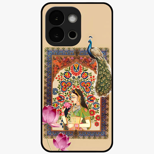Mughal Princess and Peacock Glass Case for 1+13S royal front view featuring intricate princess and peacock artwork